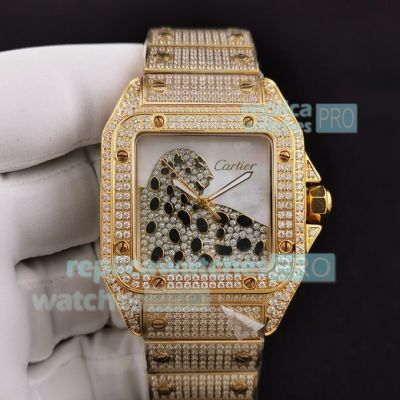 Swiss Replica Cartier Santos 100XL Iced Out Watch Yellow Gold Diamonds